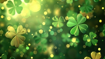 Beautiful shiny design with golden green clover leaves, bokeh effect