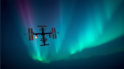 Wall Mural - The International Space Station against the background of the Northern Lights