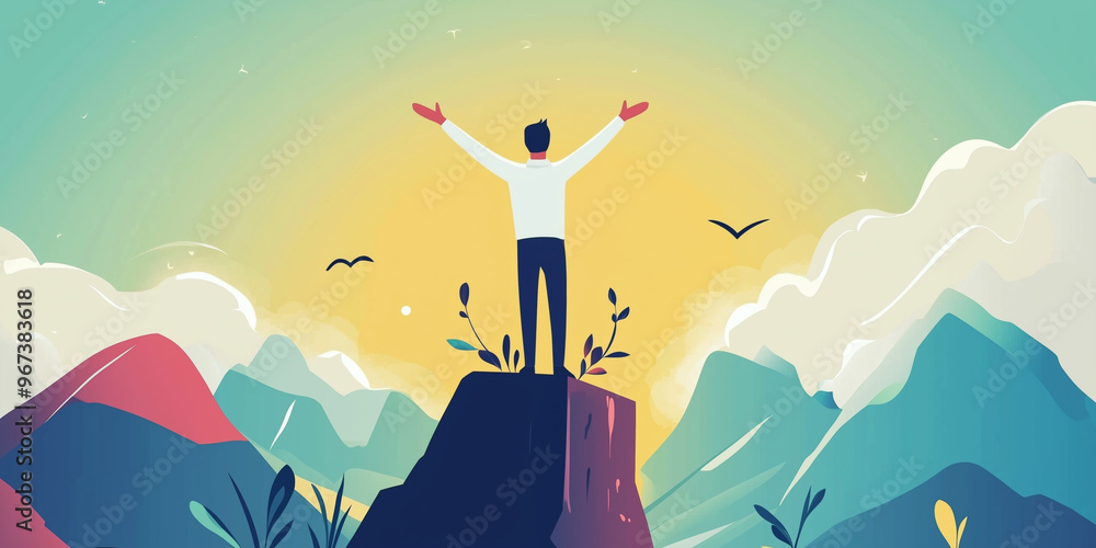 Vector illustration of a successful man on top of a mountain ...