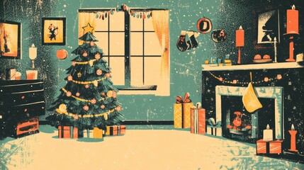 Cozy apartment interior with a green Christmas tree presents garlands candles and decorative toys under festive lights