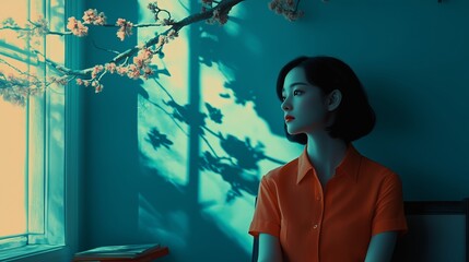 Canvas Print - A thoughtful woman in an orange shirt sitting by a window with delicate cherry blossoms during soft afternoon light