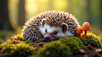 a hedgehog is on the ground in front of some green moss.