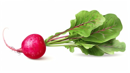 A fresh red radish with green leaves on a white background.