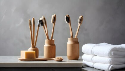 Eco toothbrushes. Bamboo toothbrushes cup, natural soap, plastic free ear sticks, wooden hair brush and white towels on gray stone background