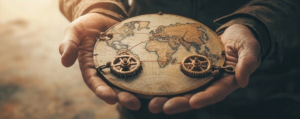 A pair of hands holding a vintage world map and compass, symbolizing adventure and exploration across the globe.