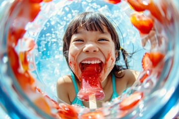 Cute girl is vibrant setting her short hair framing her face. Innocent and happy asian girl her smile bright sun. Blend of culture and universal happiness child laughter.