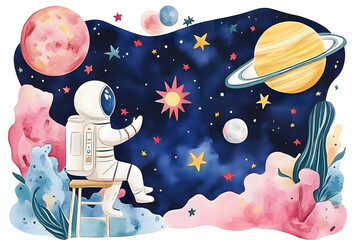 Sticker - Watercolor drawing set with cartoon space rocket, isolated on white background