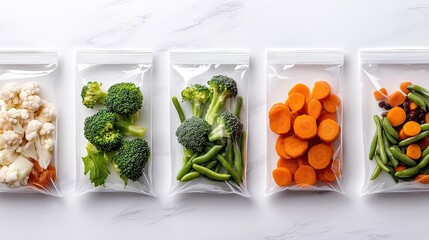 Plastic bags contain frozen broccoli florets, carrots, green beans, and vegetable peels, ideal for dinner preparation or meal prepping for events