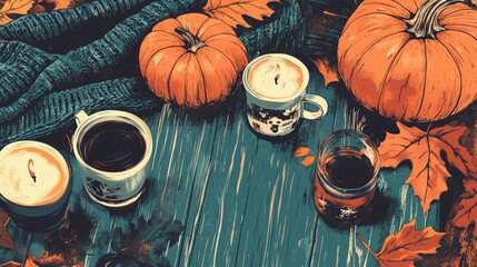 Canvas Print - Cozy Fall Border Illustration with Pumpkins Sweaters Candles and Coffee on Wood Background