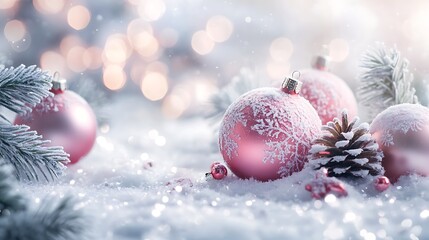 Christmas scene showcasing pink and frosted decorations scattered across a white surface, with hints of shimmering snow and a soft, warm glow