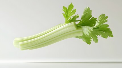 16. **A 3D render of a falling celery stalk, its crisp texture and vibrant green color set against a clean white surface