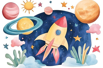 Sticker - Collection of watercolor cartoon paintings of solar system planets and rocket isolated