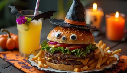 Wall Mural - A large burger adorned with Halloween decorations sits beside a colorful drink and candles