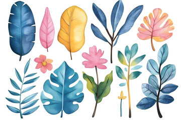 Wall Mural - Set of tropical colorful hand drawn watercolor leaves isolate don white