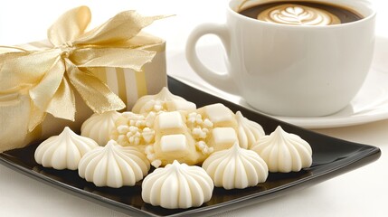 Two fluffy white meringue cookies rest on a black plate with a coffee mug in the background, set on a crisp white tablecloth and bright light from outside