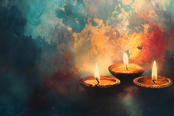 A painting of three lit candles on a table with a blue background