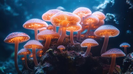 surreal underwater scene with bioluminescent mushrooms growing in ethereal aquarium otherworldly glow illuminating mysterious depths