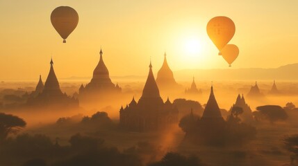 Mesmerizing view of hot air balloons drifting over ancient temples in golden sunrise hues, exuding a peaceful and enchanting ambiance, perfect for serene escapes.