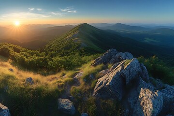 Wall Mural - High rocks in mountain valley during sunrise. Natural summer landscape