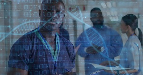 Poster - Animation of data processing and dna strands over diverse doctors working in hospital