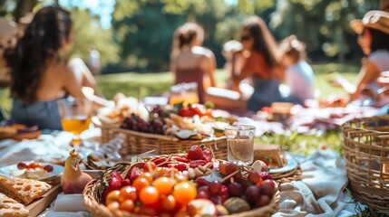 Wall Mural - A picnic spread with fruit, cheese, and bread, with people sitting in the background.