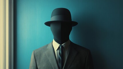 A man in a suit and hat is standing in front of a blue wall