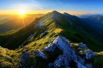 Wall Mural - High rocks in mountain valley during sunrise. Natural summer landscape