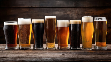 Canvas Print - A row of nine different glasses of beer with varying colors and foam levels placed on a wooden surface against a dark wooden background.