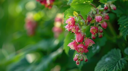 Wall Mural - Close up image of blooming Ribes sanguineum flower cluster on green garden backdrop