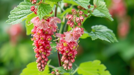 Wall Mural - Close up image of blooming Ribes sanguineum flower cluster on green garden backdrop