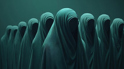 A group of people are wearing green cloaks and standing in a line