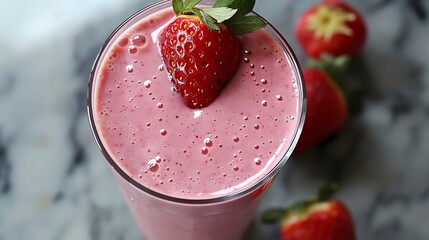 a glass of strawberry smoothie with a whole strawberry on top.