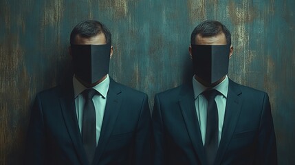 Two men wearing suits and ties with their faces covered by black masks