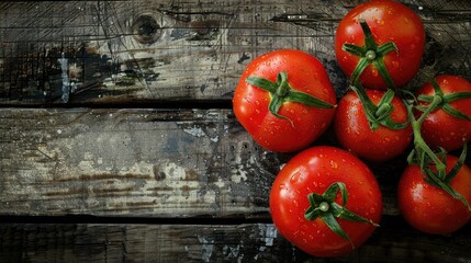 Wall Mural - Close up image of ripe tomatoes against wooden backdrop