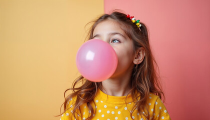 Wall Mural - Happy, stylish kid blowing a bubblegum bubble against a colorful background.







