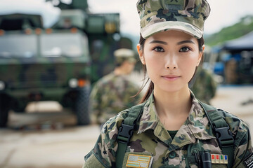 Poster - Generated with AI photo of brave beautiful woman soldier fighting war