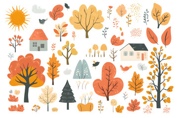 Wall Mural - Hand drawn cartoon autumnal collection of yellow plants and leaves isolate don white background