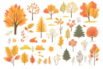 Wall Mural - Hand drawn cartoon autumnal collection of yellow plants and leaves isolate don white background