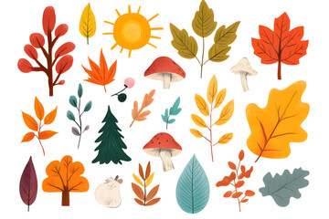 Sticker - Hand drawn cartoon autumnal collection of yellow plants and leaves isolate don white background