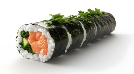 Wall Mural - 43. **A 3D render of a falling seaweed-wrapped sushi roll, its fresh seafood filling and nori contrasted with a clean white background