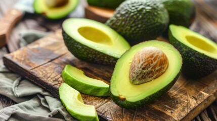 Wall Mural - Close up of sliced and halved fresh avocados on a cutting board with avocado in the background