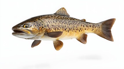 Wall Mural - 50. **A 3D render of a whole grilled trout falling, its golden skin and flaky texture set against a pristine white background