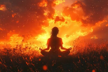 transcendent outdoor meditation silhouette of woman in lotus pose against blazing sunset sky golden light bathes peaceful figure tall grass sways gently