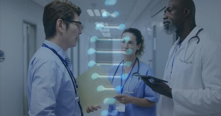 Sticker - Animation of dna strand over diverse doctors working in hospital