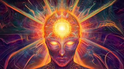 Canvas Print - A detailed digital illustration of the pineal gland surrounded by radiant light and intricate, flowing energy patterns.