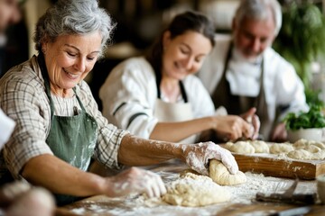 Middle-aged group in a cooking class, kneading dough together and enjoying the tactile experience