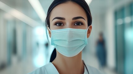 A female healthcare worker in a bright hospital hallway, wearing a surgical mask, with a compassionate look in her eyes