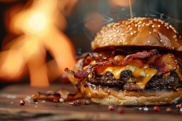 Wall Mural - A juicy burger with melted cheese and crispy bacon, with fire in the background captured in a close-up shot