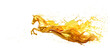 © IBEX.Media - Dynamic golden horse galloping, merging with fluid splashes, symbolizing energy, speed, and fluid power in a vibrant and abstract visual