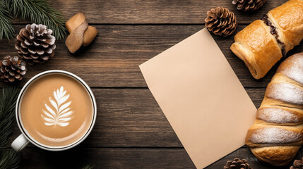 Poster - Top view of a festive coffee setup with a cup of latte art, pastries, pinecones, pine branches, and a blank beige card on a wooden table.